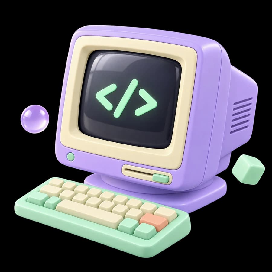 Lilac computer with a mint keyboard and coding symbol