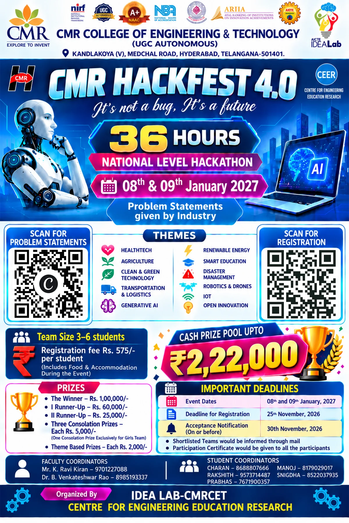 CMR HACKFEST 4.0: 8–9 January 2027, 36 hours, 11 themes, prize pool up to ₹2,22,000. Team size 3–6, fee ₹575 per student. Applications close 25 November 2026.